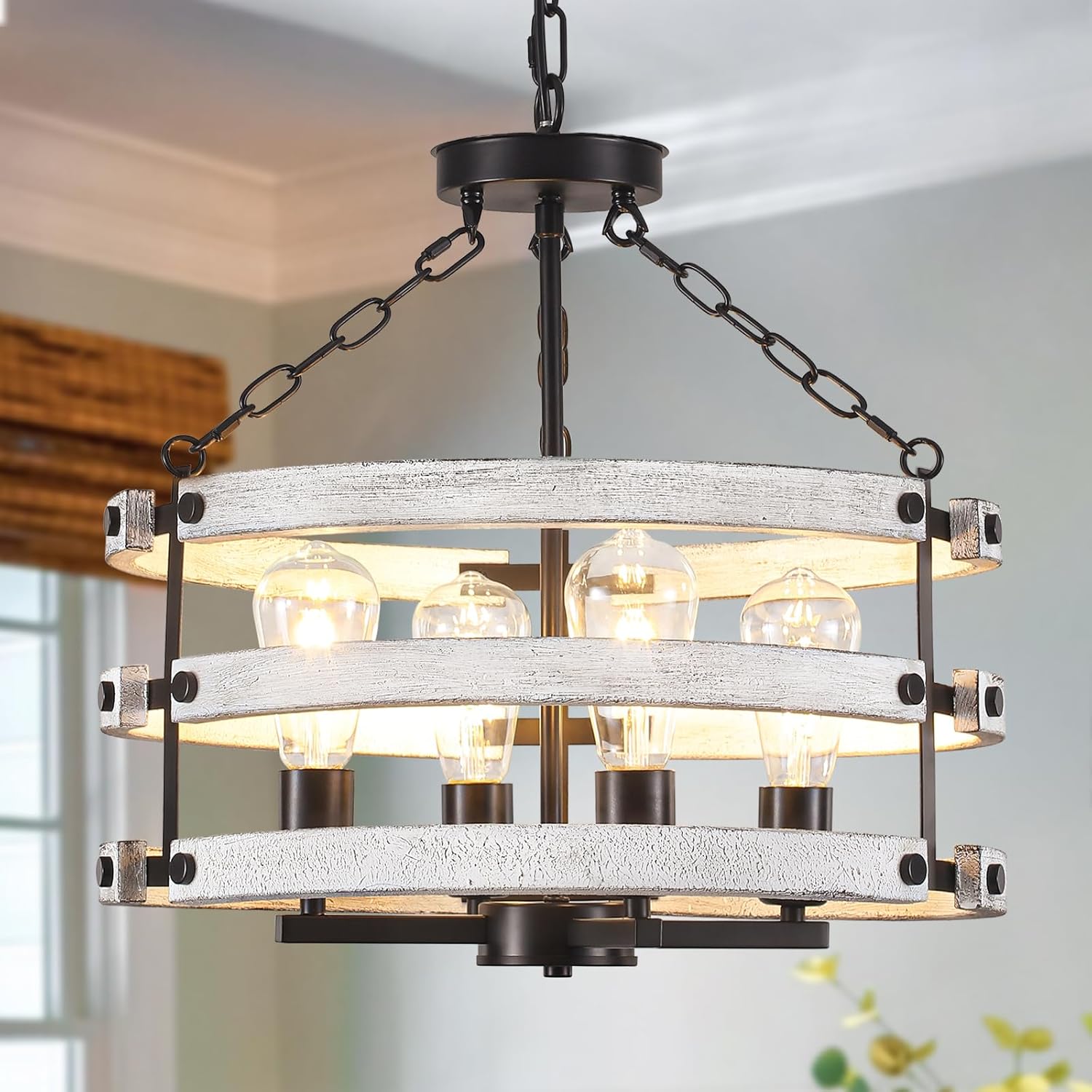 Luupyia Rustic Farmhouse Chandelier, 18.89 Inches White Drum Farmhouse Foyer Chandeliers Island Light, Rustic Vintage Pendant Light Fixture for Dining Room Entryway 4Lights E26