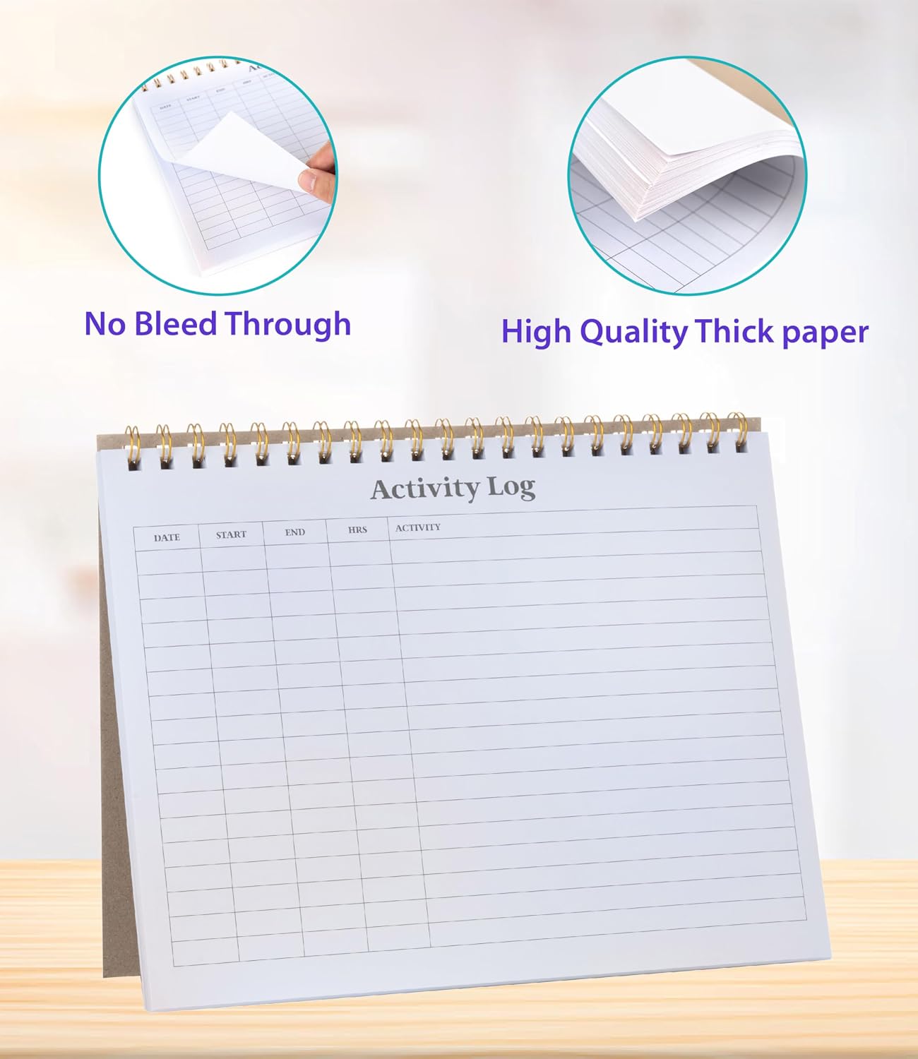 4 Pack Activity Log Notepad - 8.5‘’x11‘’ Daily Log Book Landscape Letter Size with Time Tracking Column, 60 Sheets Each, Gold Metal Spiral, Greyboard Backing, Work Task Office Employee Record Planner