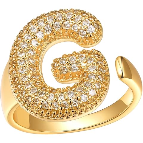 FindChic Initial Ring for Women, Gold Plated Chunky Letter Rings Open Adjustable Trendy Sparkling Cubic Zirconia Personalized Statement Rings Jewelry Gift