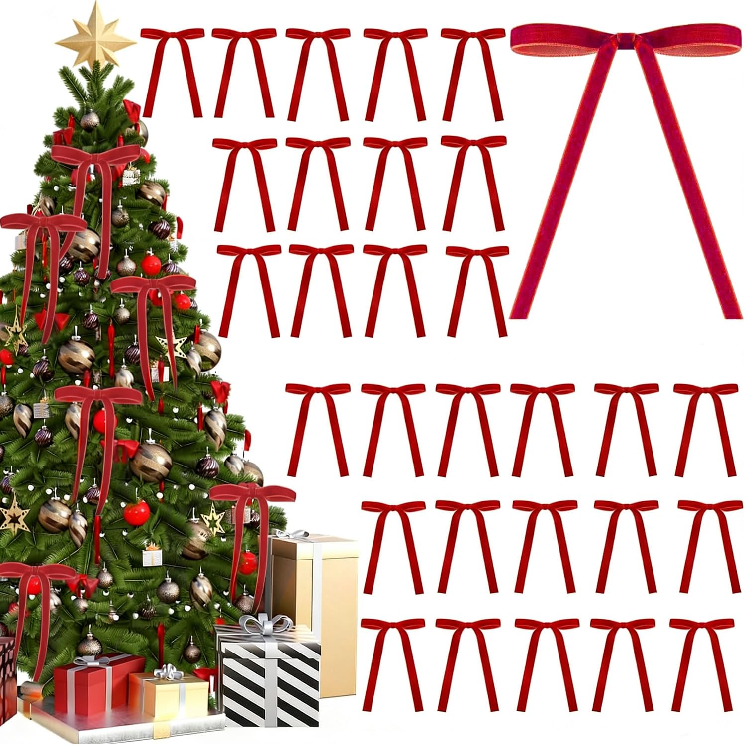 30 Pcs Velvet Ribbon Bow for Christmas Tree Xmas Bows for DIY Crafts Gift Wrapping Hair Bow Hat Ribbon Bows for Xmas Home Decor Wreath Making Wedding Christmas Party Decoration (Red)