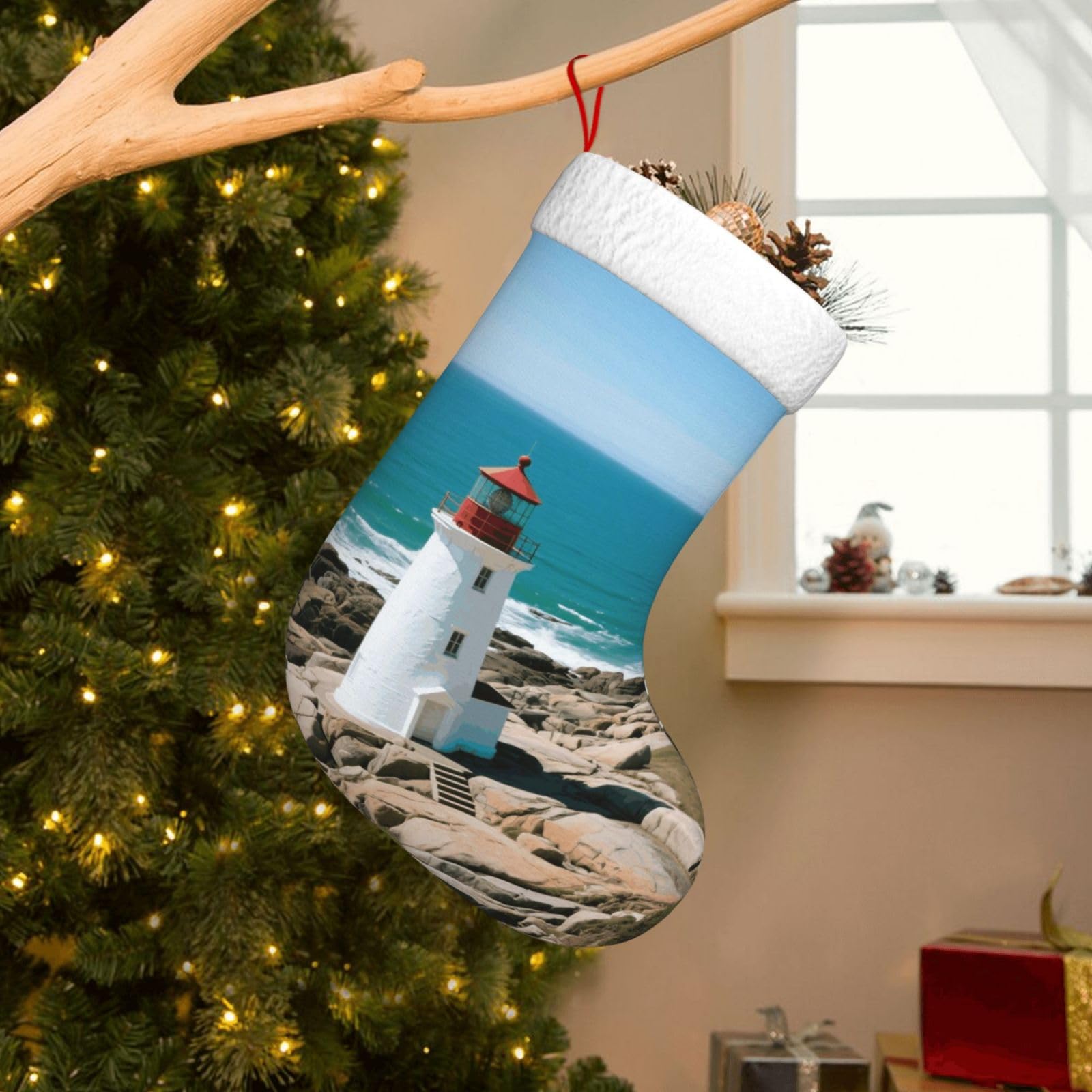 Velvet Christmas Stockings 17.7 Inch, Lighthouse Xmas Stocking with Soft Cuff,Classic Personalized Christmas Tree Decoration for Family Holiday New Year Party Supplies