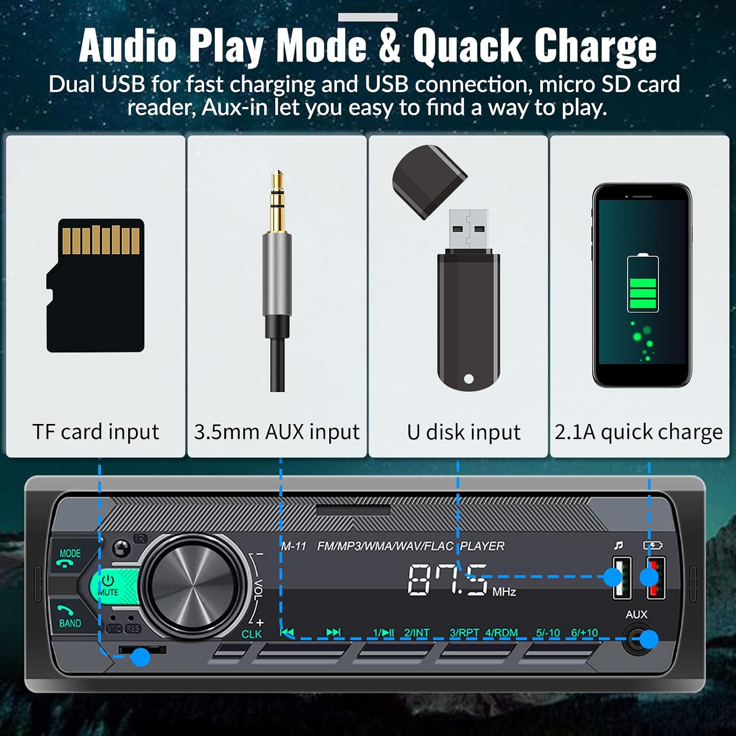 UNITOPSCI Single Din Car Stereo Bluetooth 5.0 Multimedia Audio Receiver, Push to Talk Assistant, Hands-Free Call Voice Control, MP3/FM/AUX in/USB/TF Input APP Control LCD Digital Display