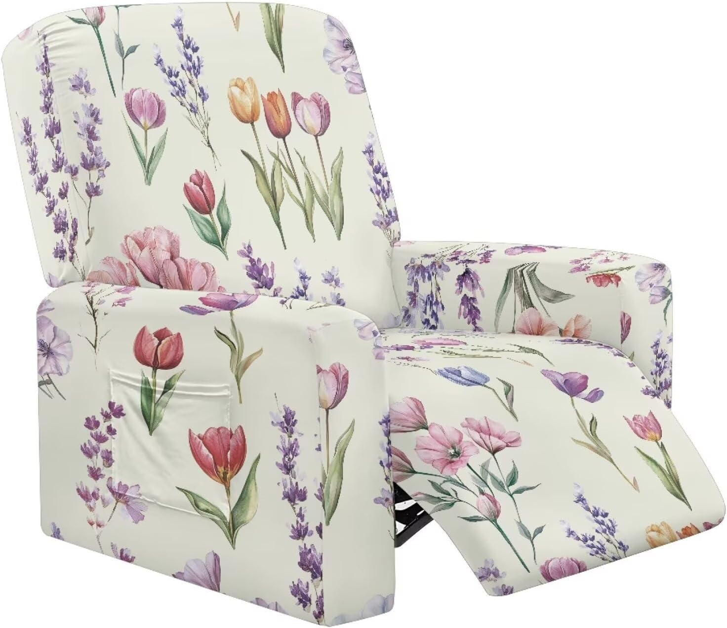 FOR U DESIGNS Lavender Lily Flower 4-Piece Stretch Recliner Slipcovers with Storage Pockets Non Slip Universal Fit for Small Recliners Stain Resistant Easy Install Furniture Protector