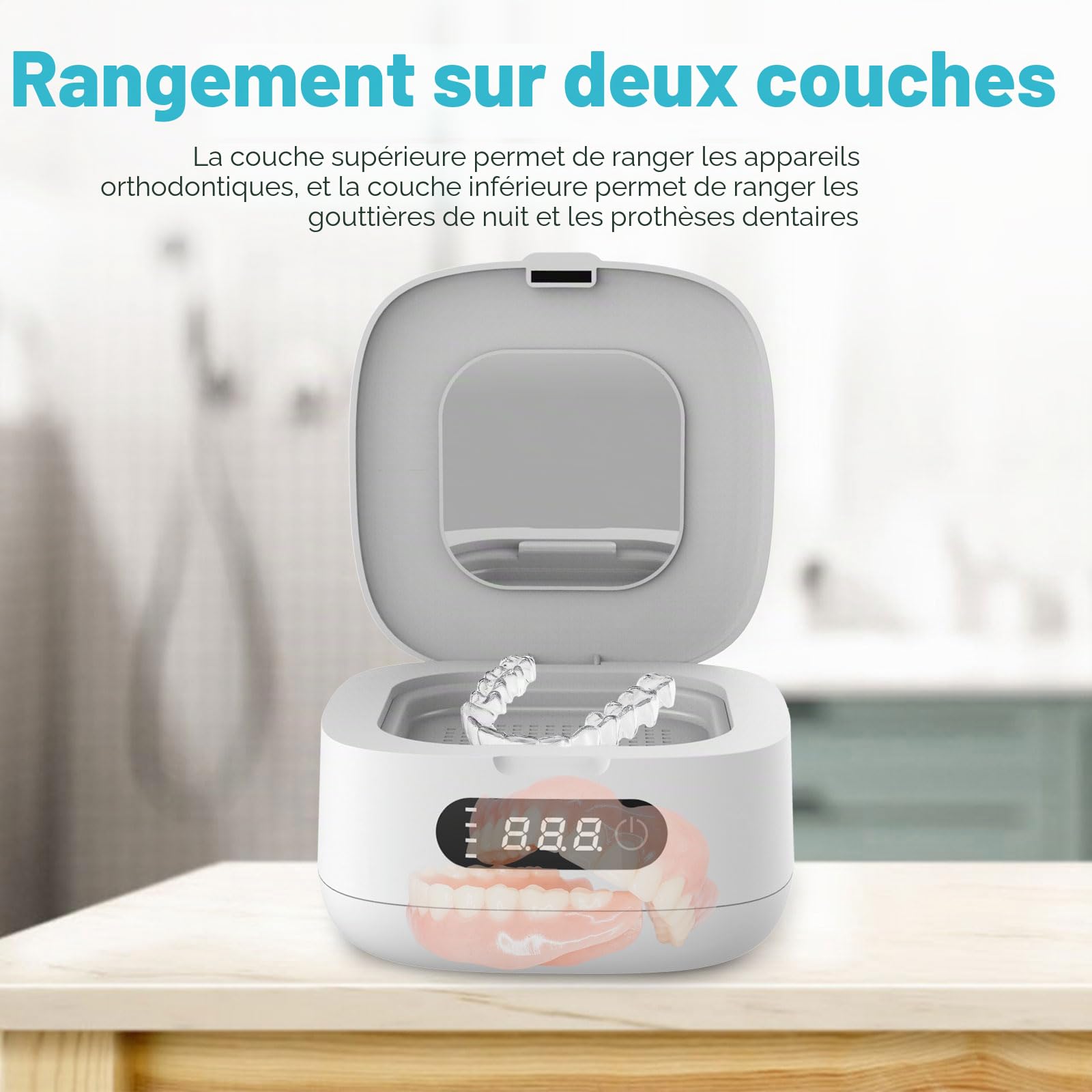 Nettoyeur ultrasons avancé pour prothèses dentaires, protège-dents, appareils orthodontiques, têtes brosse dents, bijoux, système purification triphasé 52 kHz