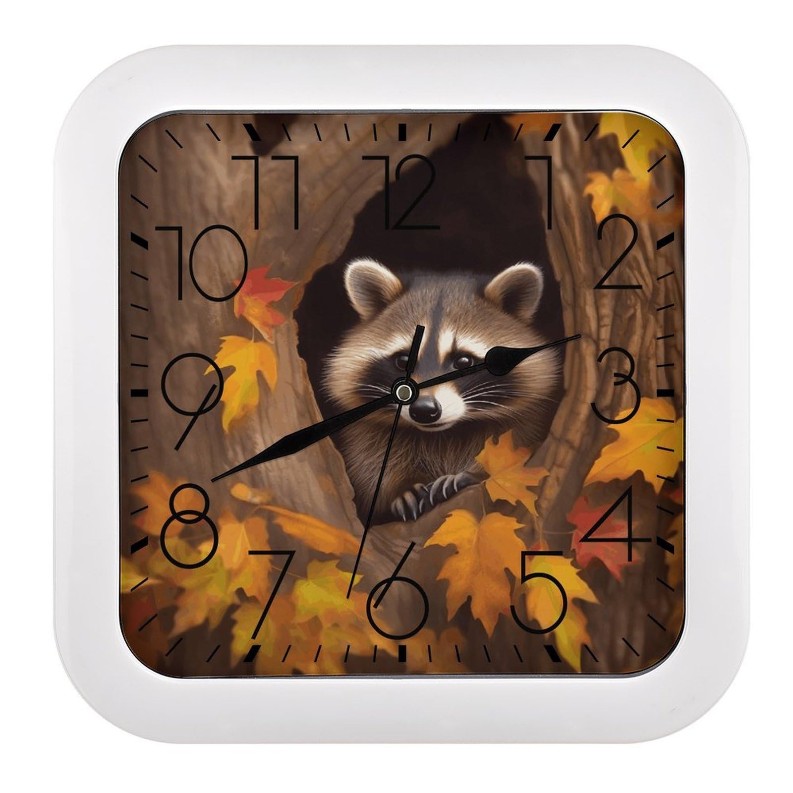 LZQPOEAS Raccoon in The Fall Tree Hole Square Wall Clock, 10.2 Inch Battery Operated Silent Non-Ticking Wall Clock, Square Analog Decorative Clock for Home Wall Art, Living Room, Bedroom, and Office