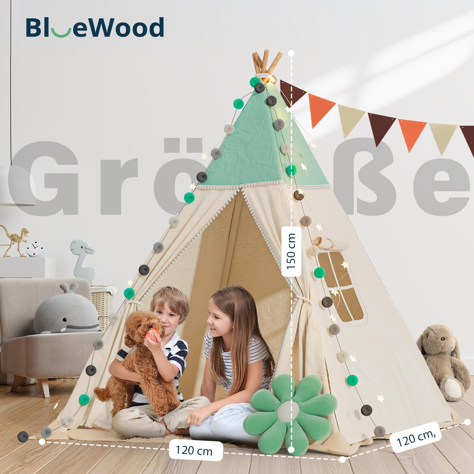 Tipi tenda per bambini, tenda da gioco con coperta imbottita, catena luminosa, borsa per il trasporto, stile Montessori, per bambini, colore: verde chiaro