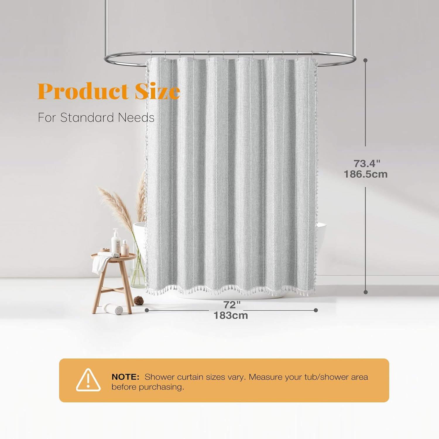 BTTN Gray Boho Farmhouse Shower Curtain, Linen Rustic Weighted Striped Fabric Shower Curtain Set with Tassel, Water Repellent, Bohemian Vintage Country Cloth Shower Curtain for Bathroom, Grey, 72x72