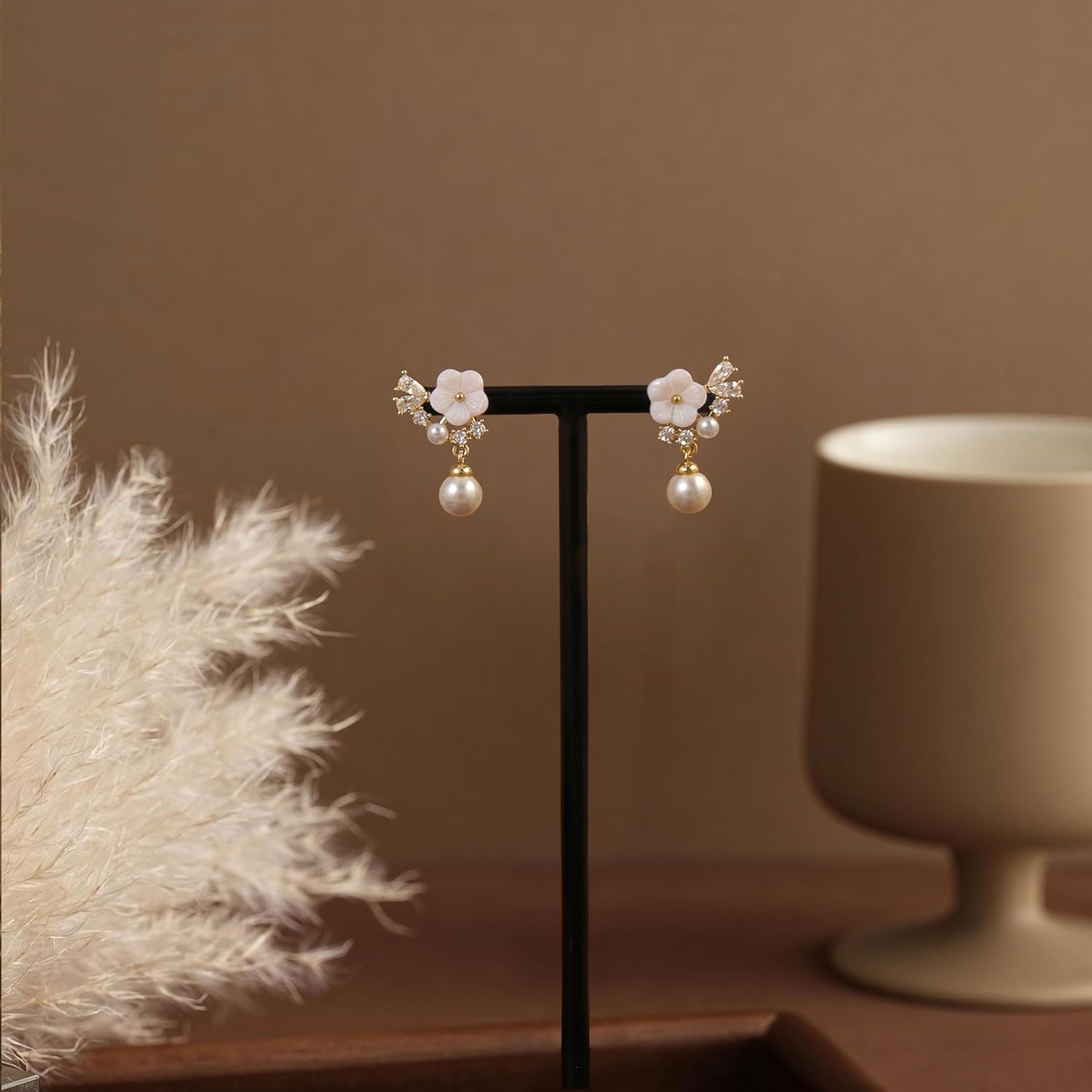 Pearl Earrings for Women Trendy,Gold Pearl Drop Earring Dainty 14K Gold Plated CZ Drop Stud Earrings for Women Unique Hypoallergenic Bridal Flower Dangle Earring Bridesmaid Wedding Jewelry - Image 6