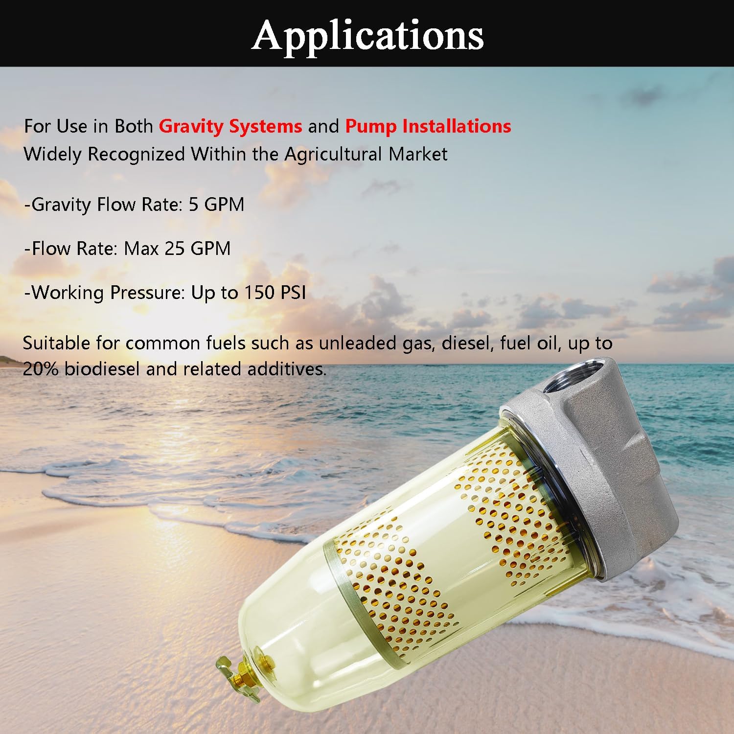 496 Diesel Fuel Tank Filter Assembly, Water Separator Fuel Filter Diesel Water Separator with 1" NPT Top Cap, Wrench and Tape, 30 Micron Flow Rate Max 25 Gpm 150 Psi Replaces B10-AL