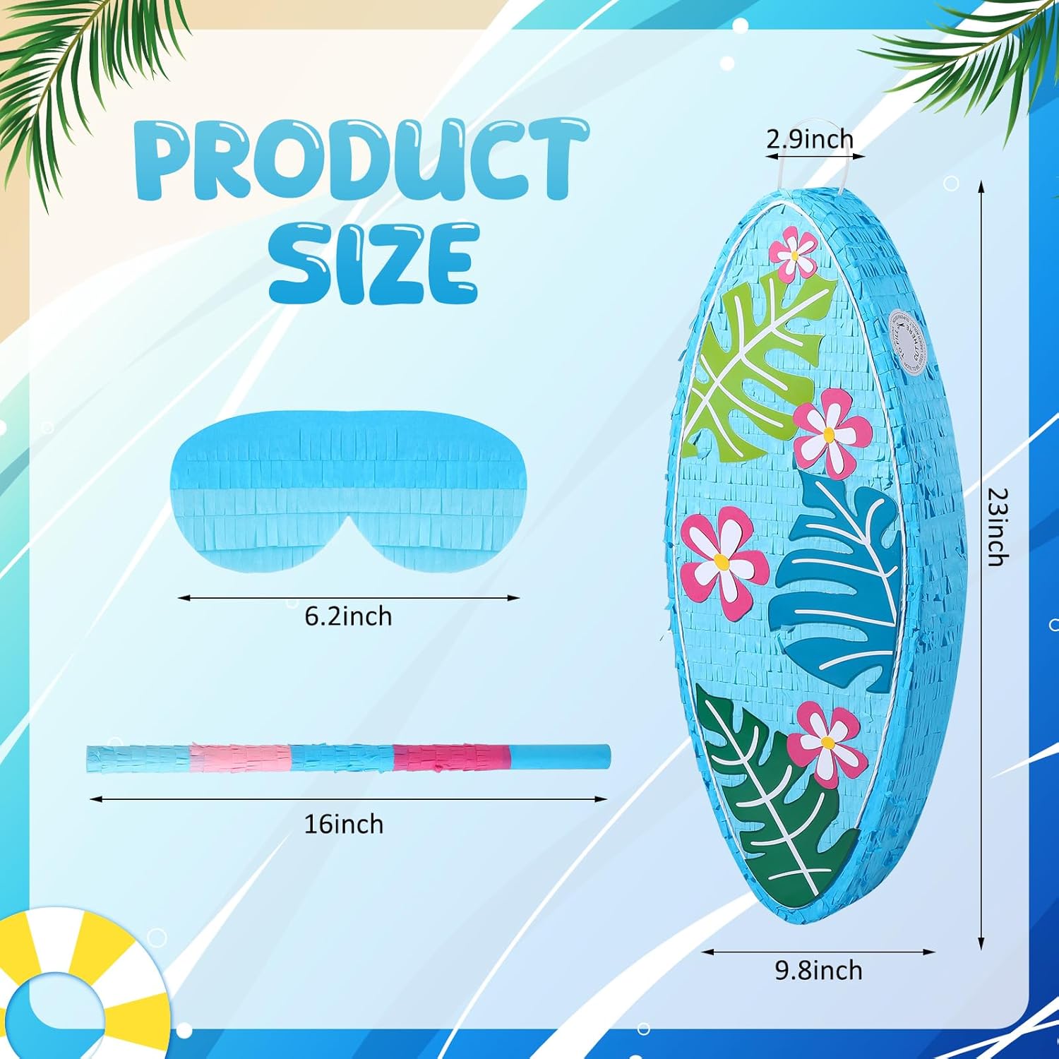 23 Inch Blue Surfboard Piñata with Stick Blindfold Confetti, Hawaii Beach Theme Surfboard Piñata Red Frangipani Palm Leaves Patterned for Summer Luau Birthday Party Decorations