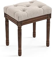 LUEBONA Upholstered Linen Vanity Bench - Tufted Square Ottoman Stool with Carved Legs, Elegant French Style for Bedroom & Makeup Vanity