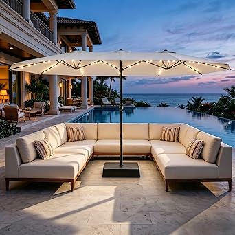 GarveeLife 15 ft Large Patio Umbrella with Lights, 36 LED Lights Double-sided Patio Umbrella with Weighted Base for Poolside Garden Backyard