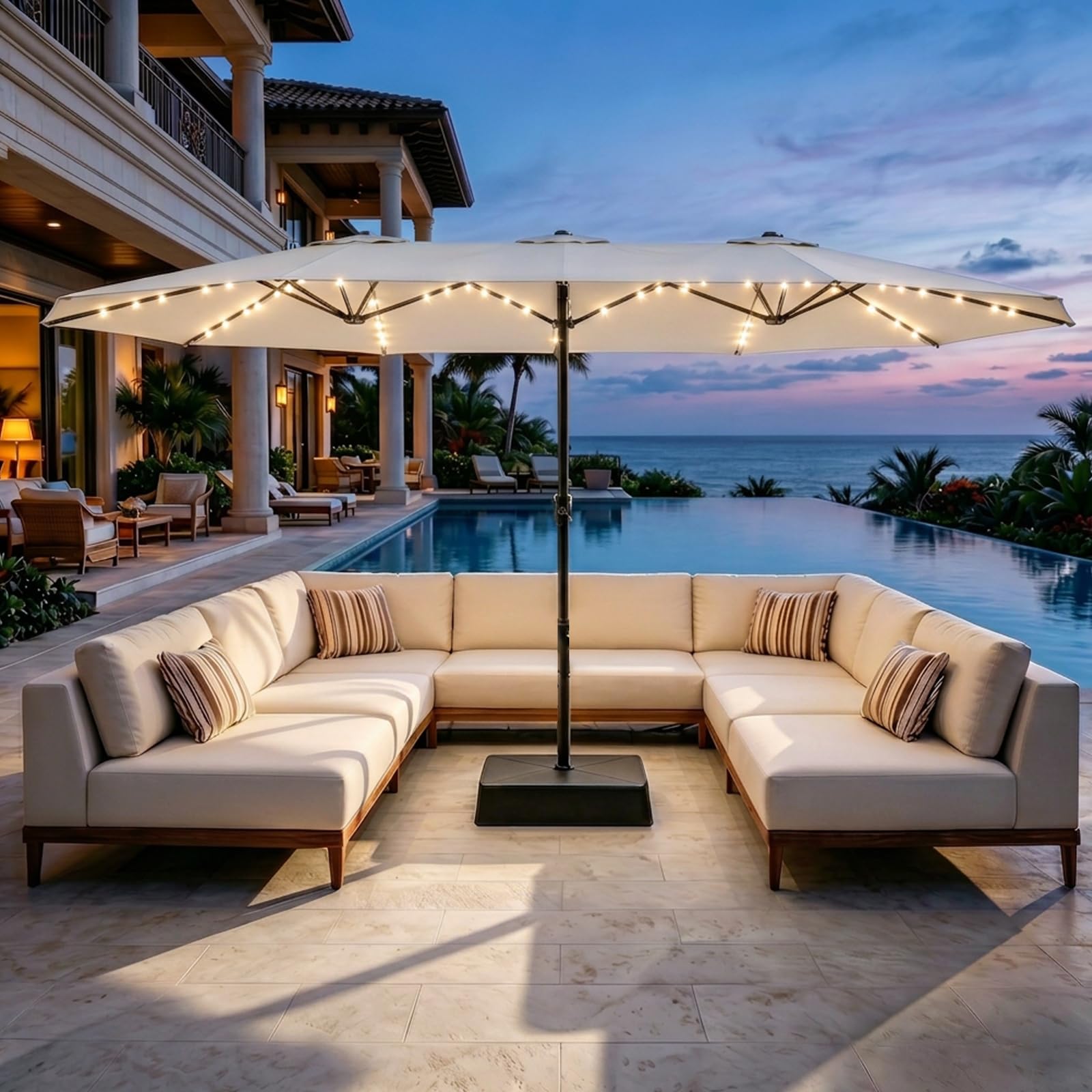 Photo 1 of FOR PARTS, NOT FULL SET ****** GarveeLife 15 ft Large Patio Umbrella with Base and Solar Lights, Double-Sided Rectangle Umbrella Oversized Shade for 8-10 People,36 LED Lights and Weighted Base for Pool, Deck, Backyard,Beige