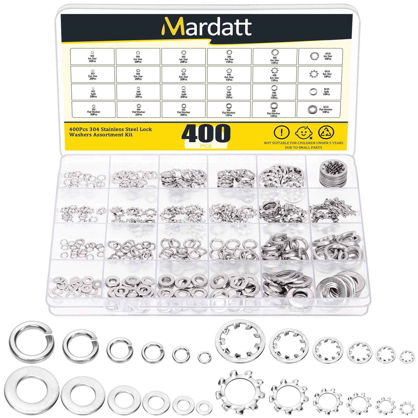 Mardatt 400Pcs 304 Stainless Steel Spring Lock Washer, M3 M4 M5 M6 M8 M10 Internal & External Tooth Star and Split Lock Washers Flat Washer for Screws Bolts Retaining Clips Fastener, Metric