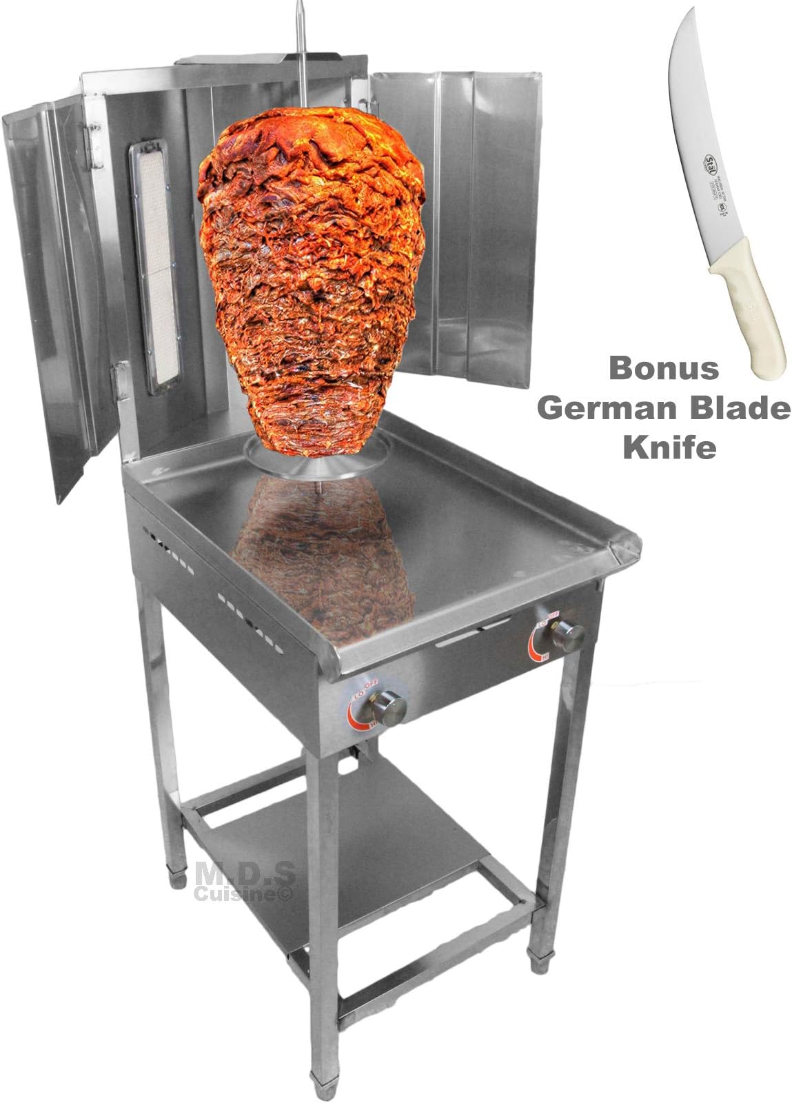 Trompo Para Tacos Al Pastor Dual Infrared Propane Gas Burner with Stainless Steel Comal Griddle 9.5" Pastor Knife and Stand