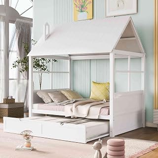 Tulib Full Size House Bed with Twin Trundle, Bedroom Wood BedFrame for Kids, Guard Rail, No Need Spring Box, 2022