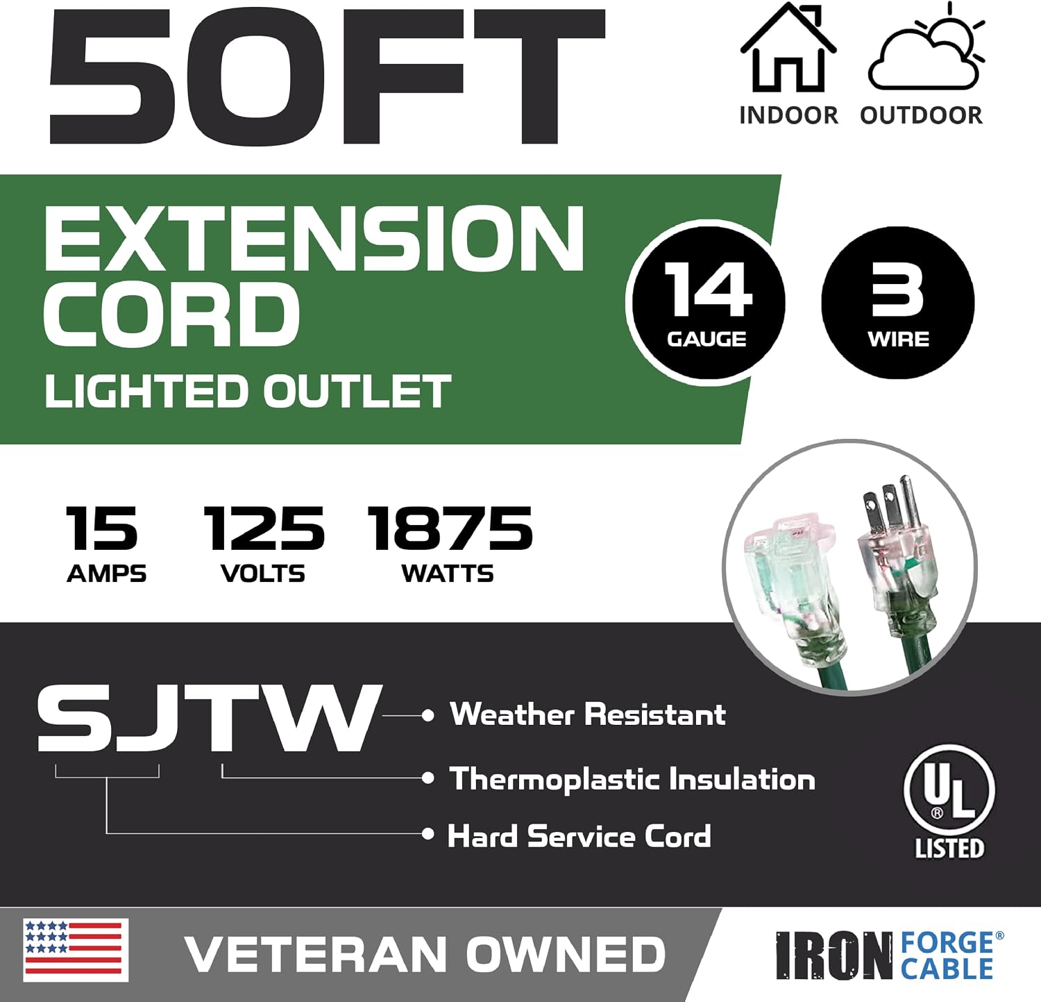 Iron Forge Cable Weatherproof 50 Ft Outdoor Extension Cord - 14/3 SJTW 15 Amp Heavy Duty Green Extension Cord 3 Prong - Lighted End