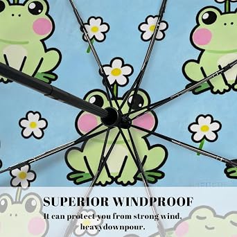 Windproof Compact Umbrellas for Rain - Frog Daisy Spring Portable Lightweight Automatic Reverse Folding Umbrellas - Auto Open Close Small Cute Umbrella for Commute, Car, Backpack, Purse