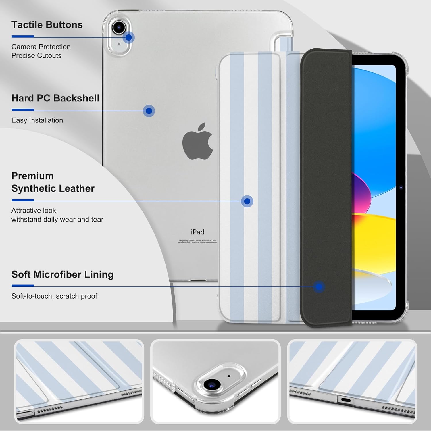 DONGKE for iPad 11th Generation Case 11 Inch 2025 (A16 Chip) & iPad 10th Generation 10.9 Inch 2022, Slim Foldable Stand Hard PC Translucent Back Shell Smart Cover - [Auto Wake/Sleep] - Stripes