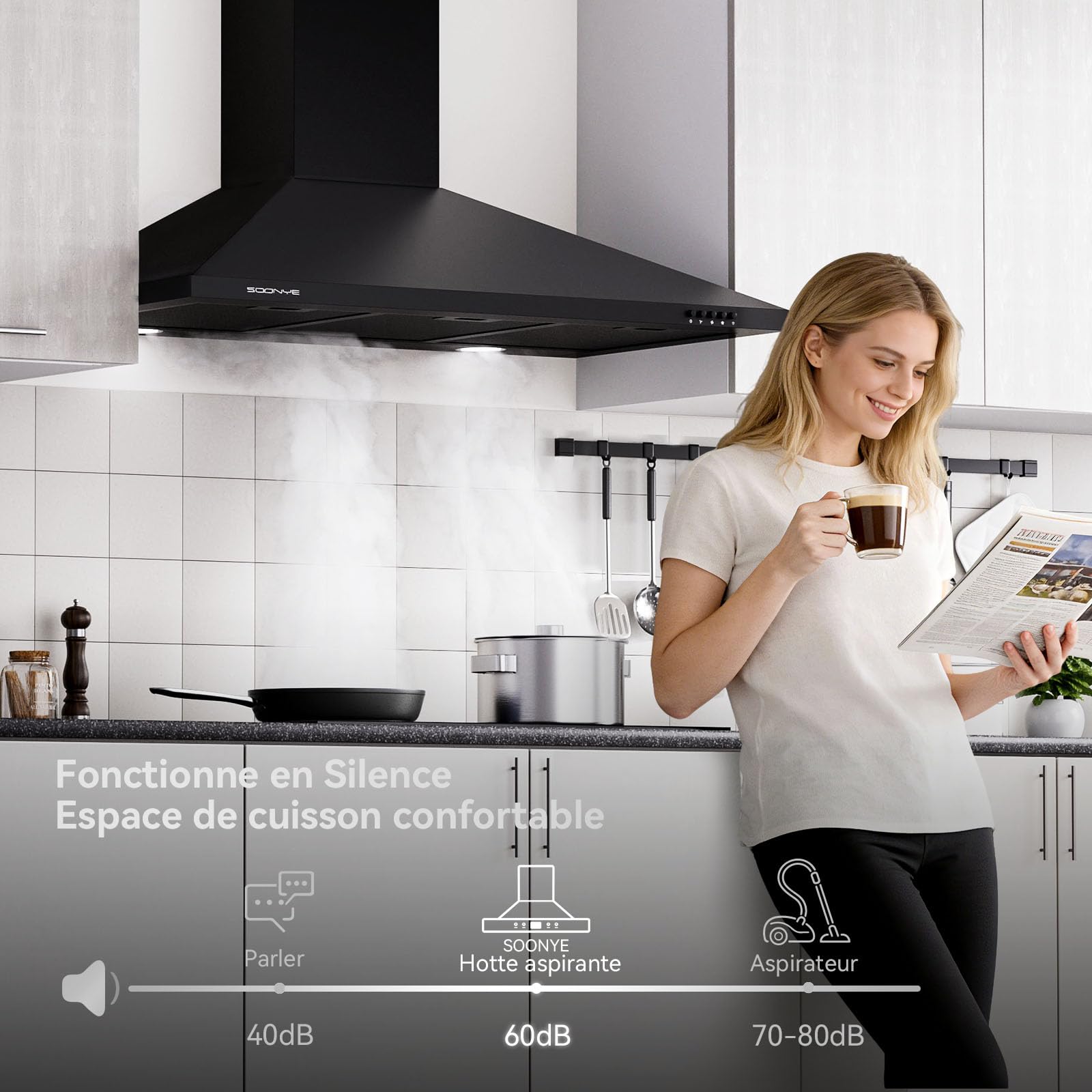 Hotte Aspirante 90 cm Classe A+++, Hotte Cuisine 380m³/h,Évacuation ou Recyclage,Filtre au Charbon Inclus,Cheminée Extensible,Hotte Murale,Noir