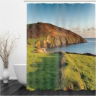 Green White Stall Shower Curtain Liner, Polyester Water Resistant Shower Curtain Seaside Cliff Shower Curtain Washable 71X79 Shower Curtain
