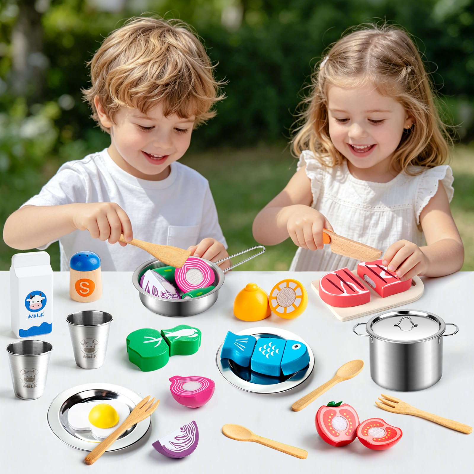 Sundaymot Juguetes de Cocina para niños Accesorios, juego de ollas y sartenes, utensilios de cocina, juego de chef para cortar alimentos verduras, juego de rol para niños mayores de 3 años