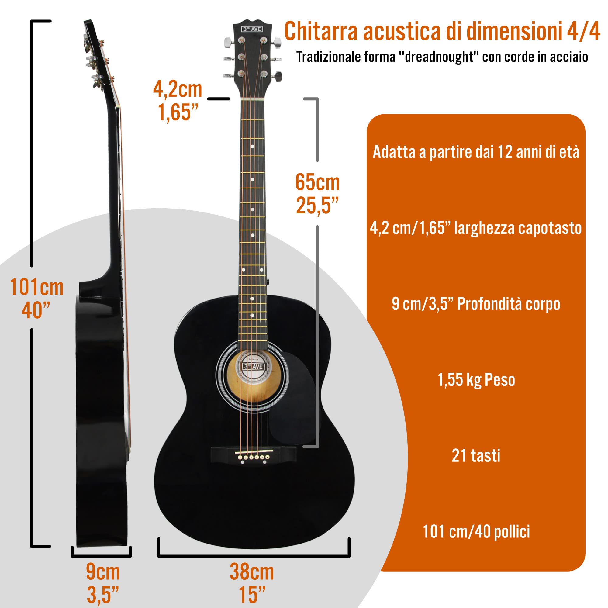 Chitarra acustica 3rd Avenue 4/4 standard con custodia, plettri, corde, stand, tracolla, capotasto - Nero