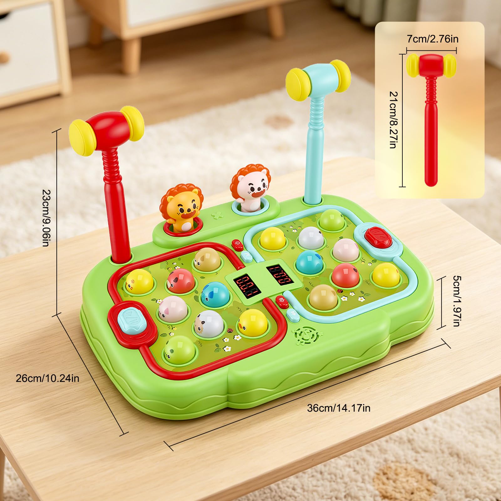 Whack a Mole Spiel für Kinder - Interaktives Musik Spielzeug mit 2 Hämmern, 16 Maulwürfen zur Förderung der Motorik - Entwicklungsspielzeug mit Beleuchtung & Soundeffekten, LCD-Display Arcade Spiel