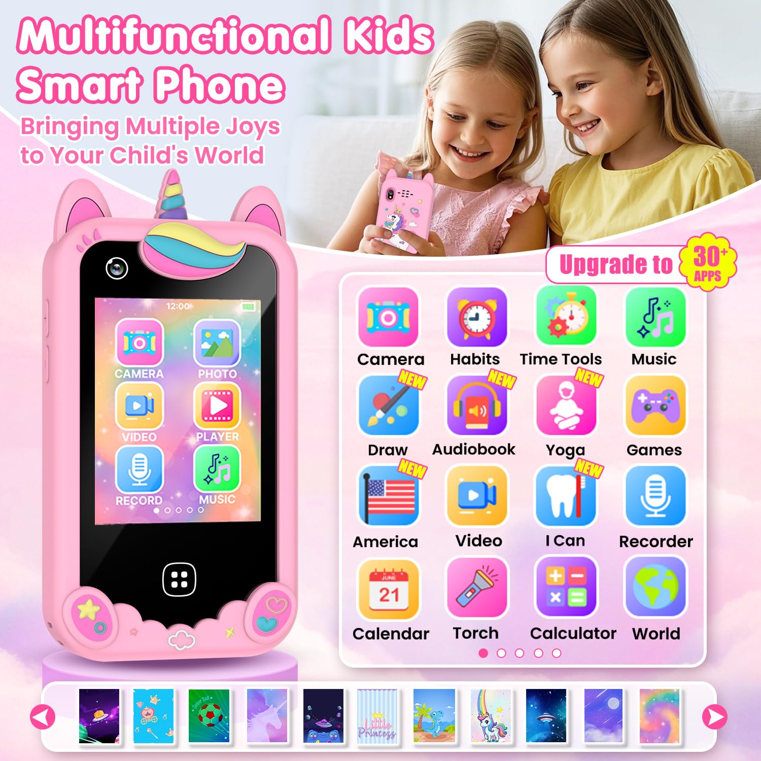 Kids Smart Phone for Girls, Christmas Birthday Gift for Ages 3-8, Toddler Learning Toy Touchscreen Cell Phone with Dual Camera, Music Player, Game, 8GB SD Card (Pink)