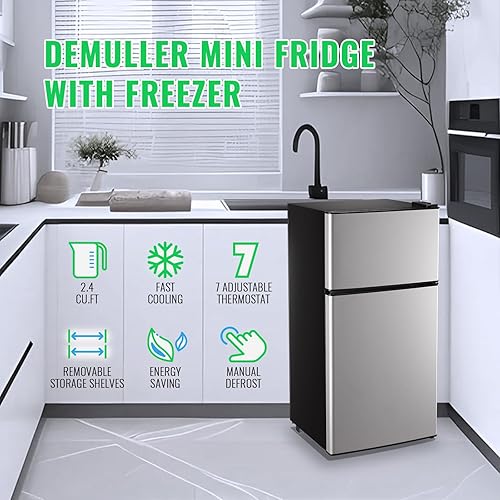 Miniatura 6 de Mini refrigerador con congelador, refrigerador personal de 2.4 pies cúbicos solo para uso de una persona, refrigerador pequeño plateado de tamaño