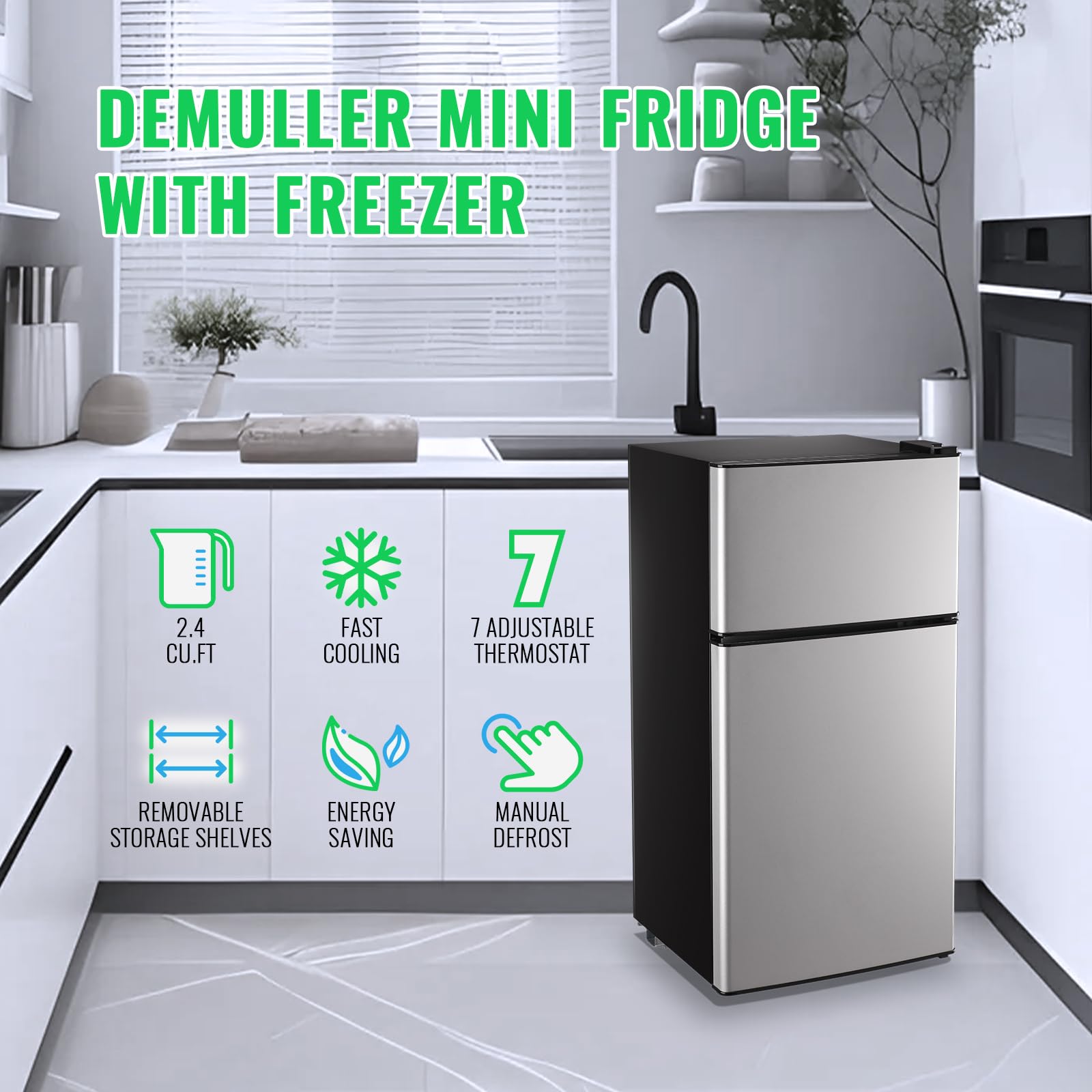 Demuller Mini Fridge With Freezer, 45l Personal Refrigerator Only For One Person Use, Silver Tiny Small Size Refrigerator With 7 Level Adjustable Temperature And Double Door on Fridge.com - View 6