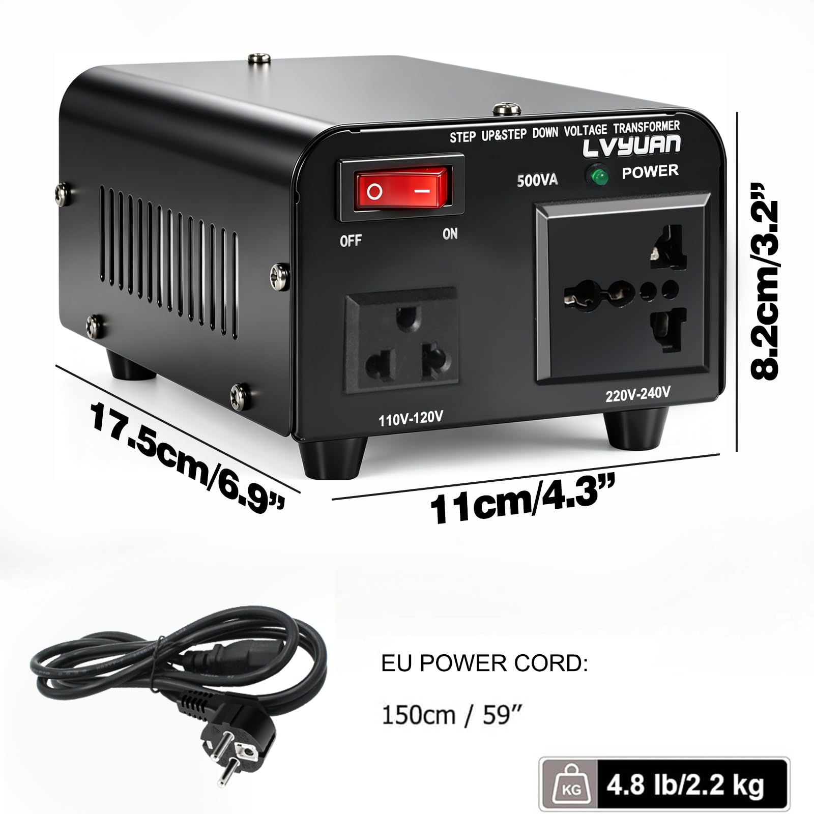 Cantonape Trasformatore 500 W da 230 V a 110 V, USA, trasformatore a nucleo ad anello 500 VA Pro – In: 110 V o 220 V/Out: 110 V e 220 V