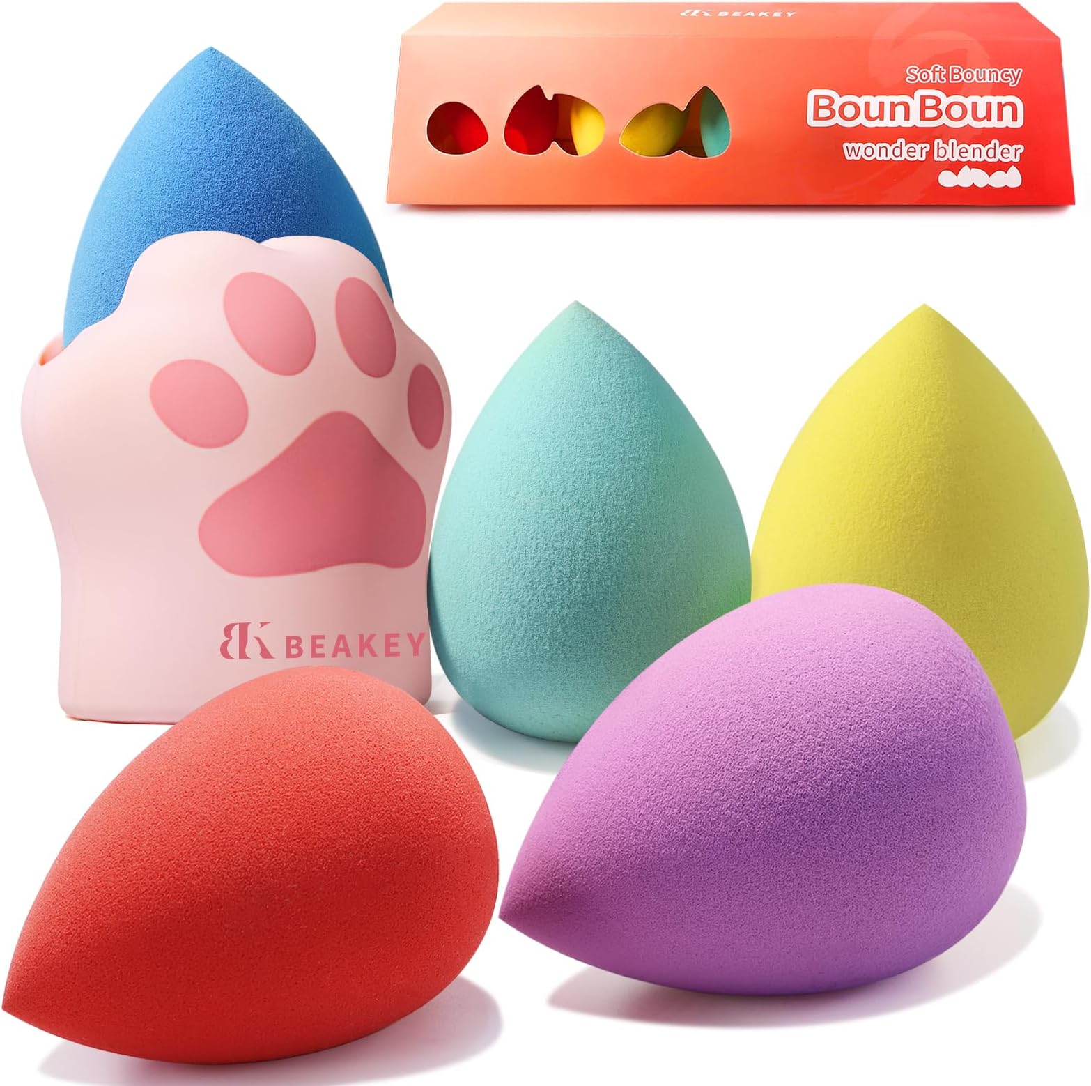 BEAKEY Makeup Sponge 5 Pcs Set, Latex-Free Boun Boun Beauty Sponge for Blending with Cat Hug Silicone Makeup Sponge Holder