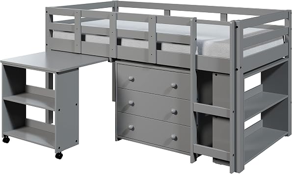 CARTESIAN Grey Solid Wood Twin Kids Low Loft Bed Frame with Rolling Desk, Drawers and Shelves