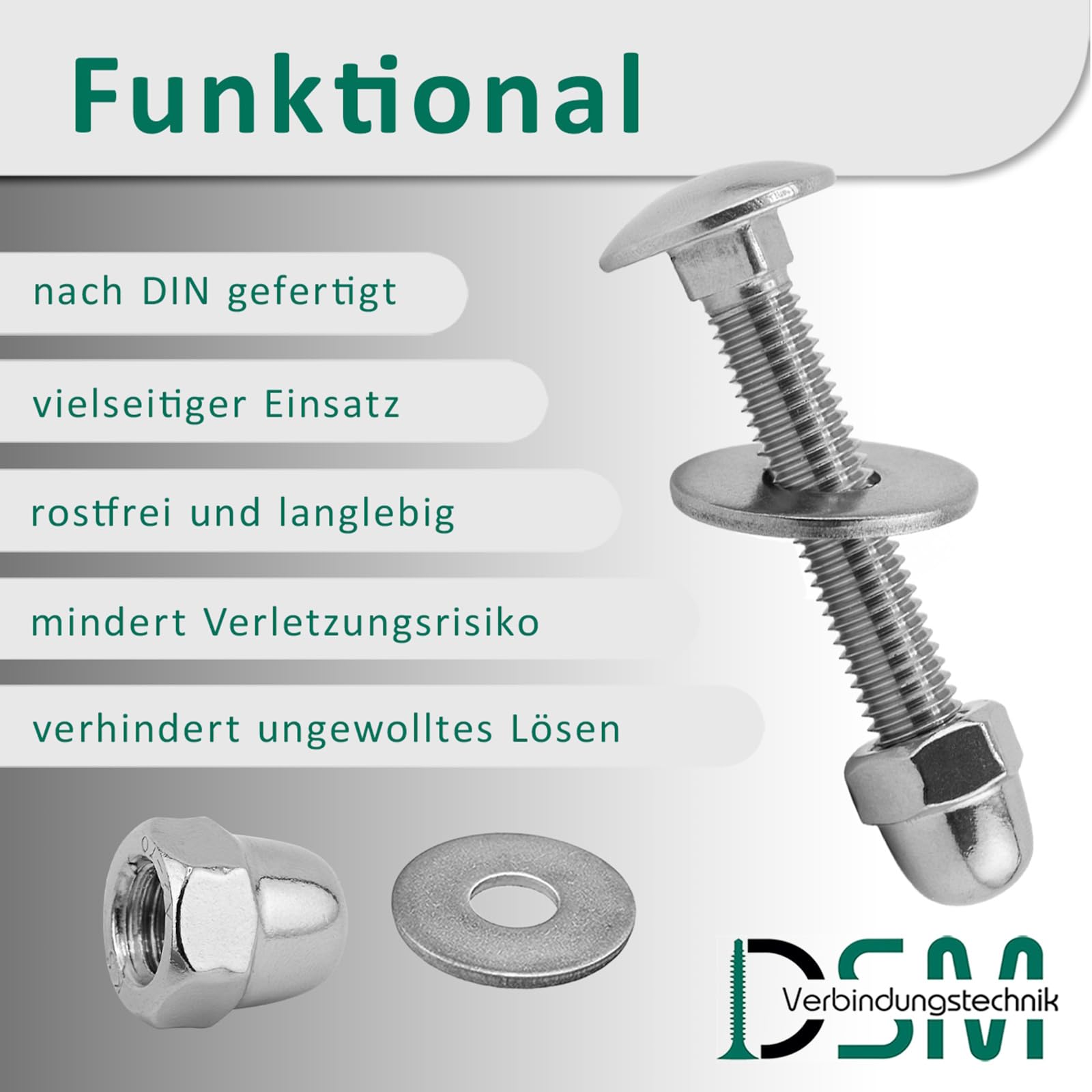 DSM - Boulons de carrosserie M6 x 60 mm selon DIN 603 - Écrou borgne M6 DIN 1587 et rondelle DIN 9021 - Acier inoxydable A2/V2A - Filetage complet - Vis à tête bombée avec collet carré - Lot de 100