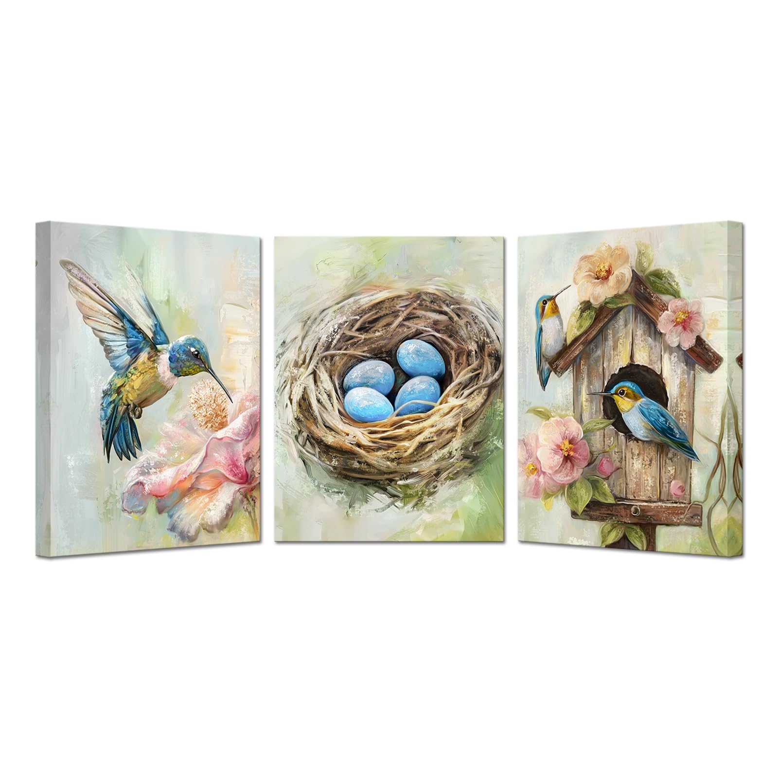 Kreative Arts3 Pieces Hummingbird Nest and Eggs Canvas Wall Art, Rustic Farmhouse Kitchen Decor, Spring Hummingbird Prints, Framed Bird Poster, Vintage Bird Art for Bedroom, Living Room, Bathroom,