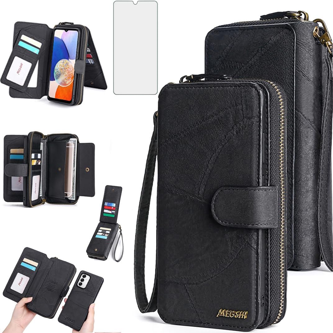 Asuwish Phone Case for Samsung Galaxy A14/M14 5G Zipper Wallet Detachable Cover with Screen Protector and Leather Flip Mirror Card Holder Slot Cell Accessories A 14 4G 14A 14M G5 SM Women Men Black