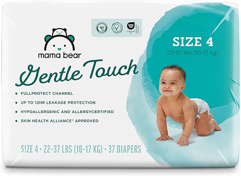 Amazon Brand - Mama Bear Gentle Touch Diapers, Size 4, 37 Count, Hypoallergenic, Leak Protection, Wetness Indicator, Stretchy Waistband, Skin Safe