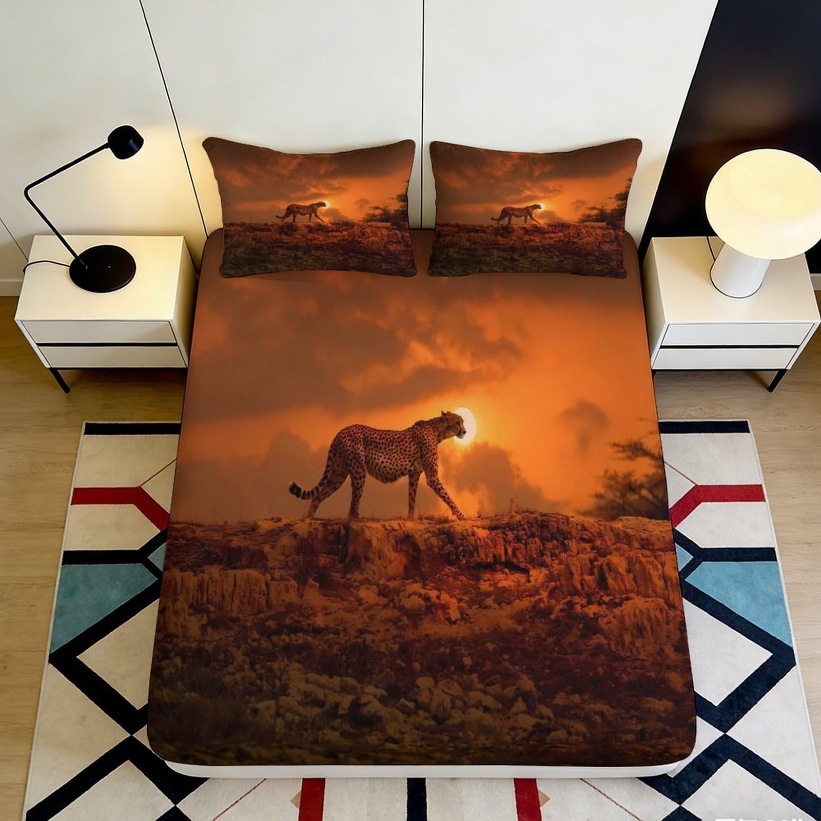 3D Printed Sunset Savannah Cheetah Fitted Sheet Microfiber Soft Breathable Wild Animal Mattress Cover Bedroom Decor 200x200x25cm