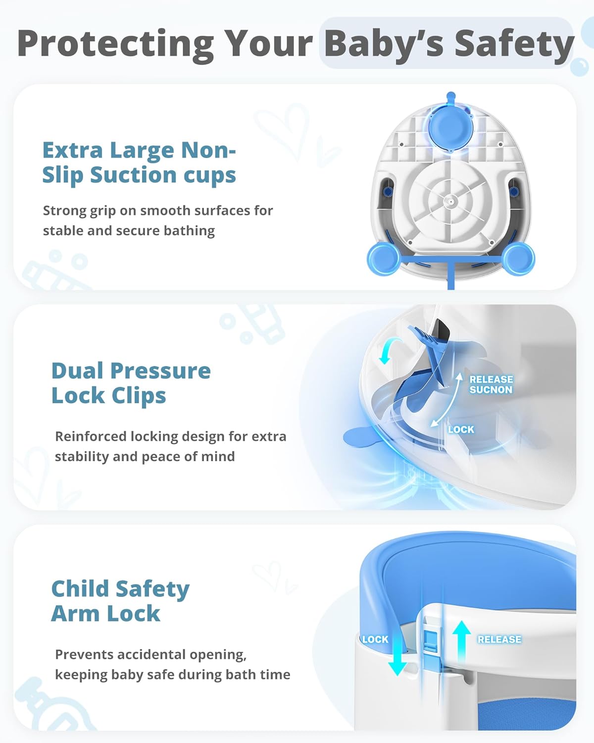 Baby Bath Seats for Babies Sitting Up, Non-Slip Baby Bathtub with 3 Suction Cups, Safe & Comfortable Toddler Bath Seat Ideal for Baby Bath/Shower Support, Stable Design, Blue (6-24 Months)