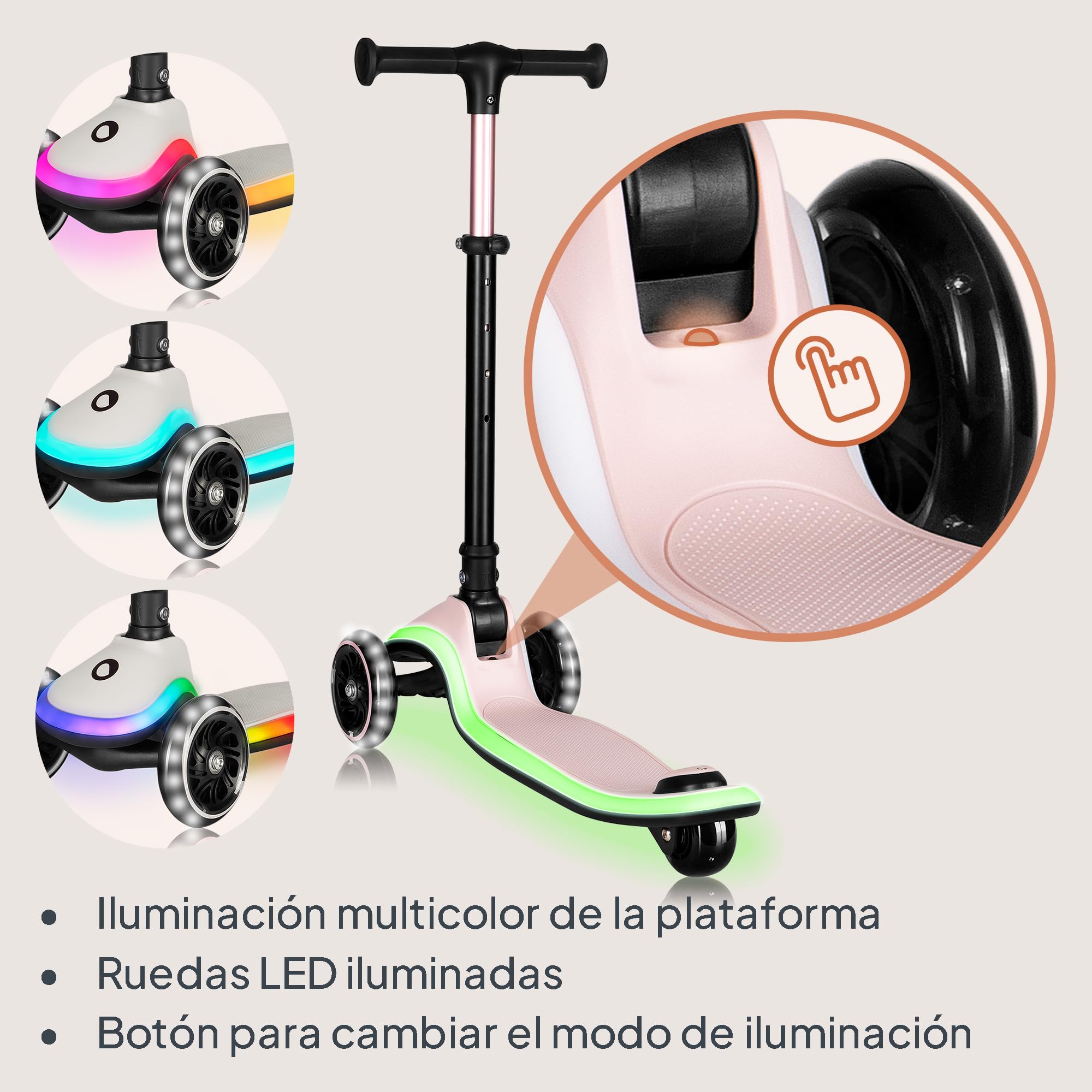 LIONELO MEY Patinete de Equilibrio para Niños Desde 3 años hasta 50 kg, Scooter Infantil Patinete de 3 Ruedas con Ajuste de Altura, Plataforma Antideslizante Iluminada y Ruedas LED, Cesta