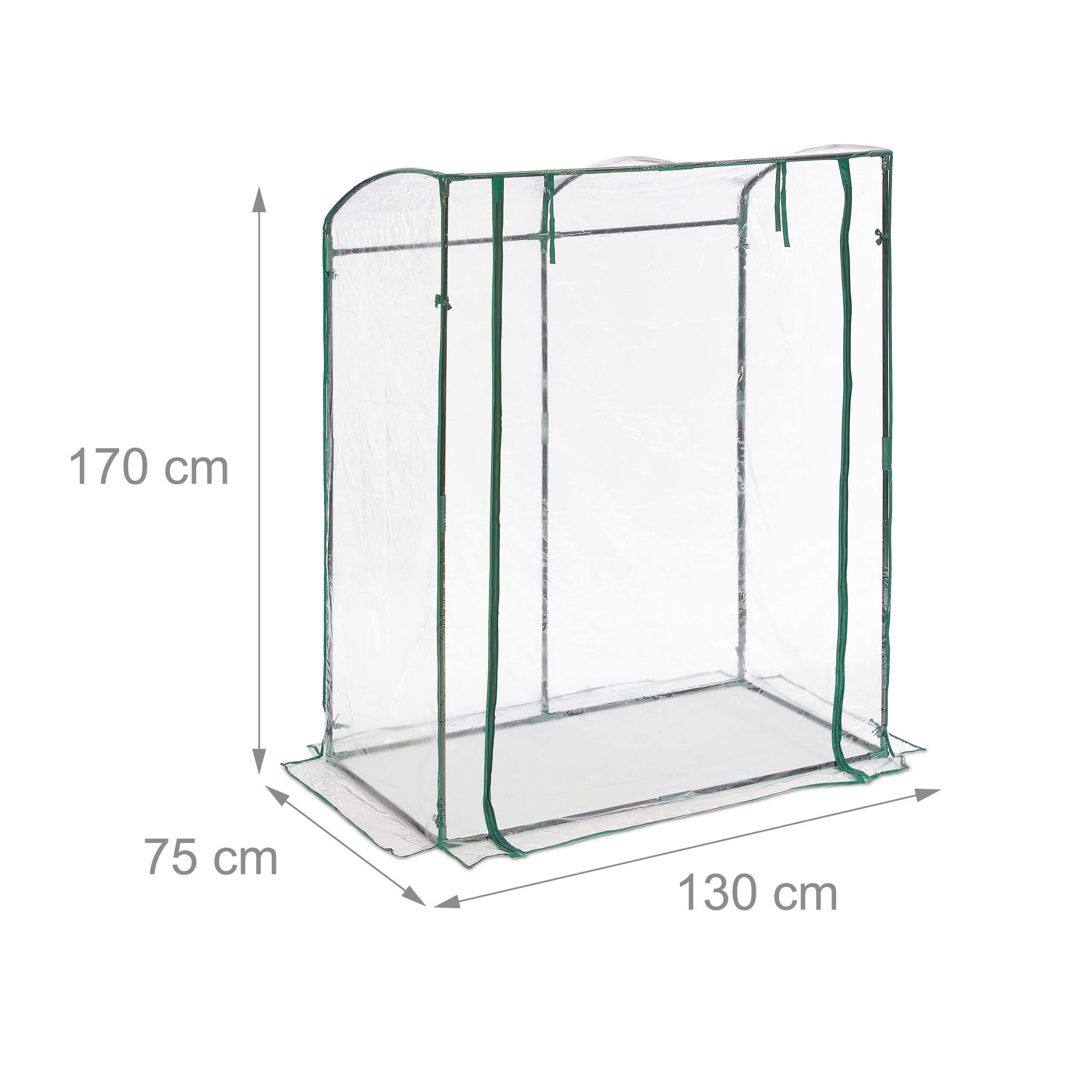 Relaxdays Tomatengewächshaus, PVC-Folie, HBT: 170 x 130 x 75 cm, begehbares Foliengewächshaus mit Tür, transparent/grün