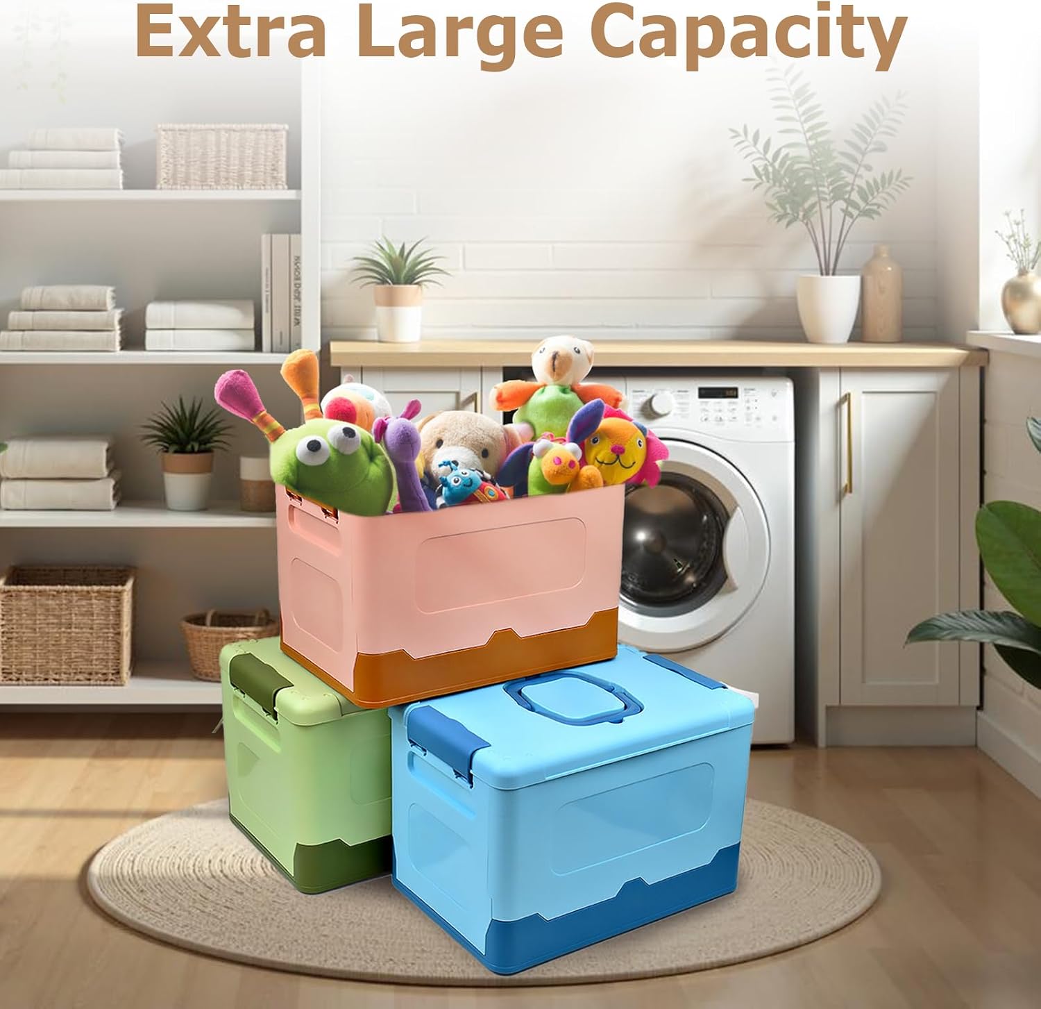 Foldable Storage Box with Lid, Portable Plastic Tool Box, Stackable Storage Container for Shelf Organization, Cute Multi-Purpose Storage Bin for Everyday Items (Blue)