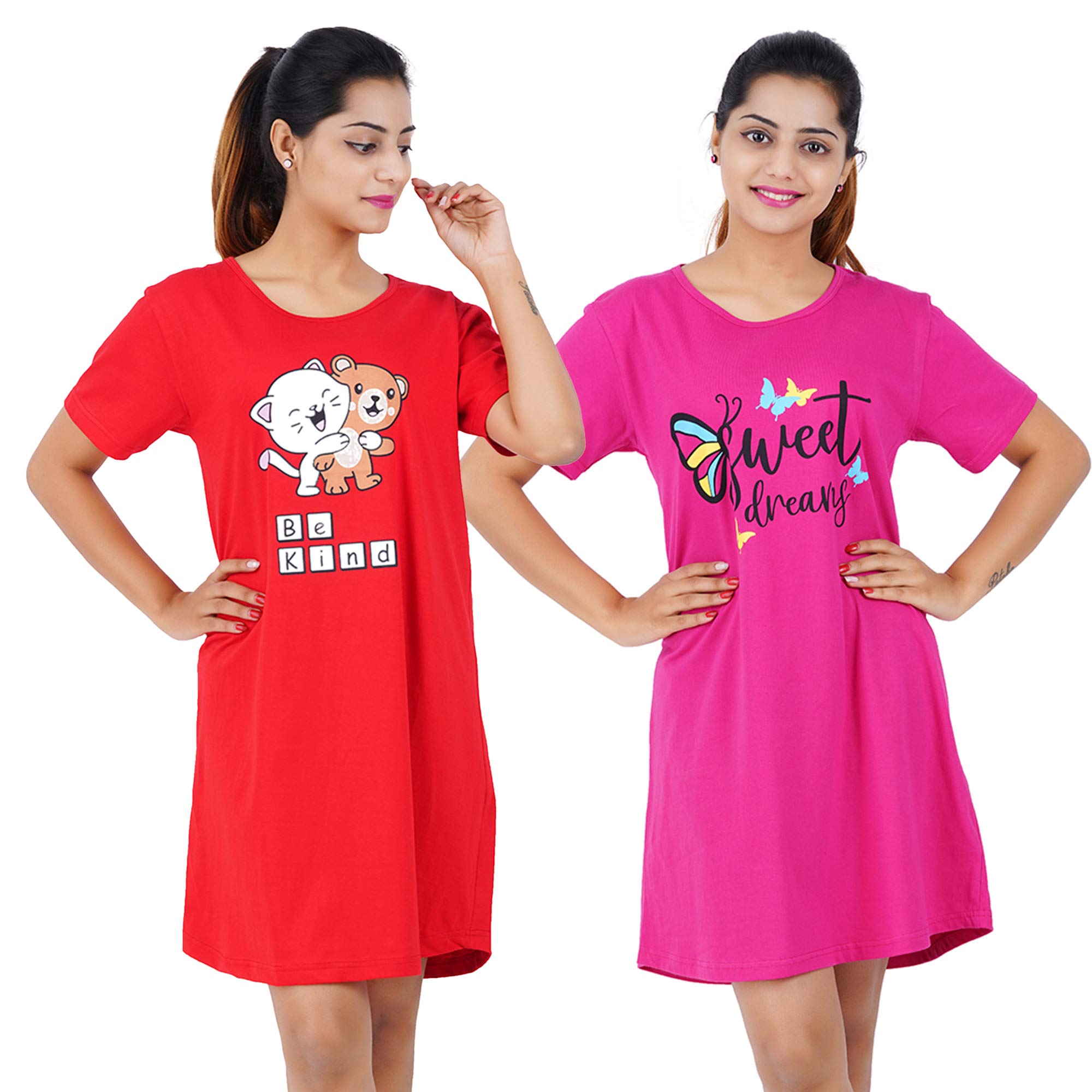 Women's Cotton Graphic Print Knee Length Short Nightdress (Pack of 2)-image-32