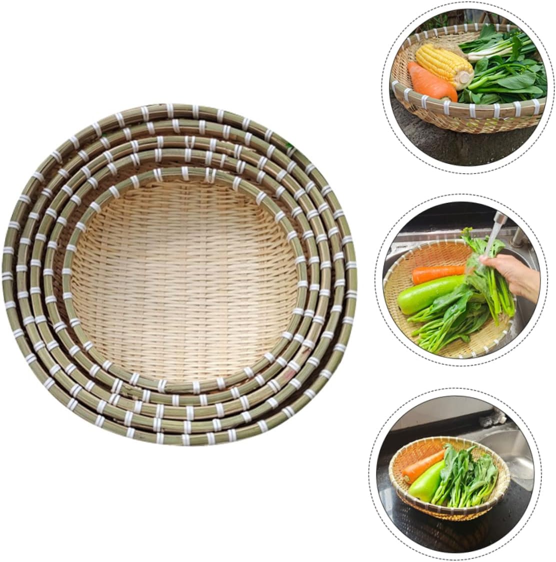 Ciieeo Bamboo Bread Basket Set Round Food Serving Tray Kitchen Organizer for Fruits and Buns Sturdy Bamboo Material for Daily Use and Picnics
