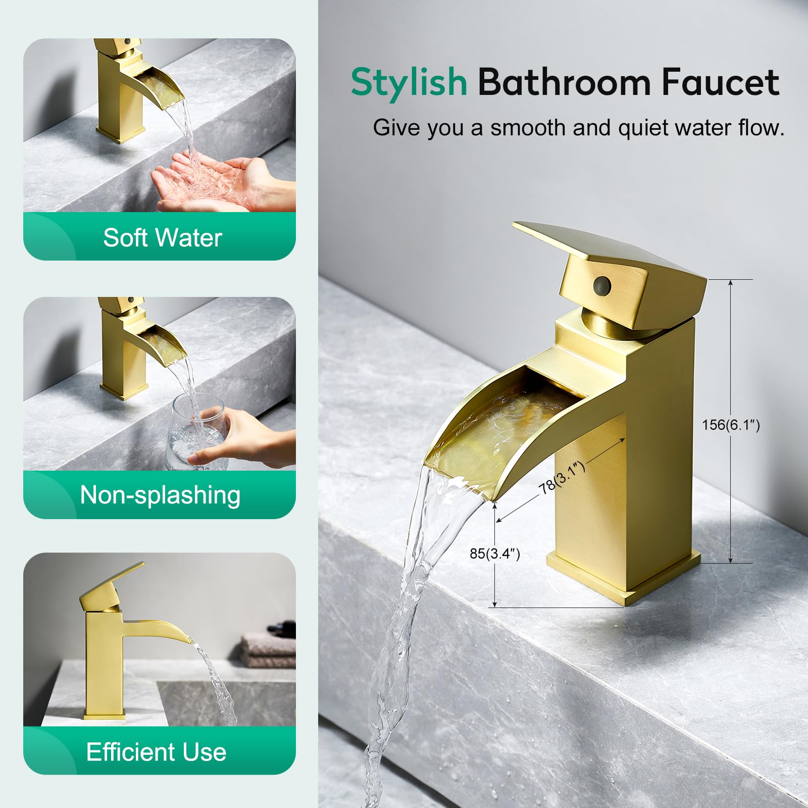 CREA Robinet de salle de bain cascade doré brossé 1 trou poignée unique robinet d'évier de salle de bain avec drain pop-up en acier inoxydable robinet mitigeur de lavabo ligne d'alimentation en eau