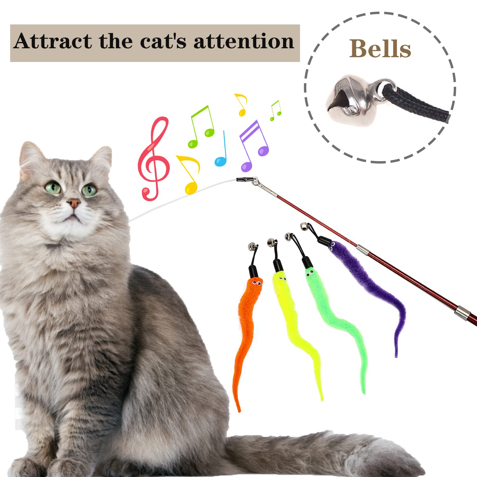 12 Ricariche Per Giocattoli A Verme Con Campanelle | Peluche Colorati Per Bacchetta Gatto, Ricambio 22 Cm