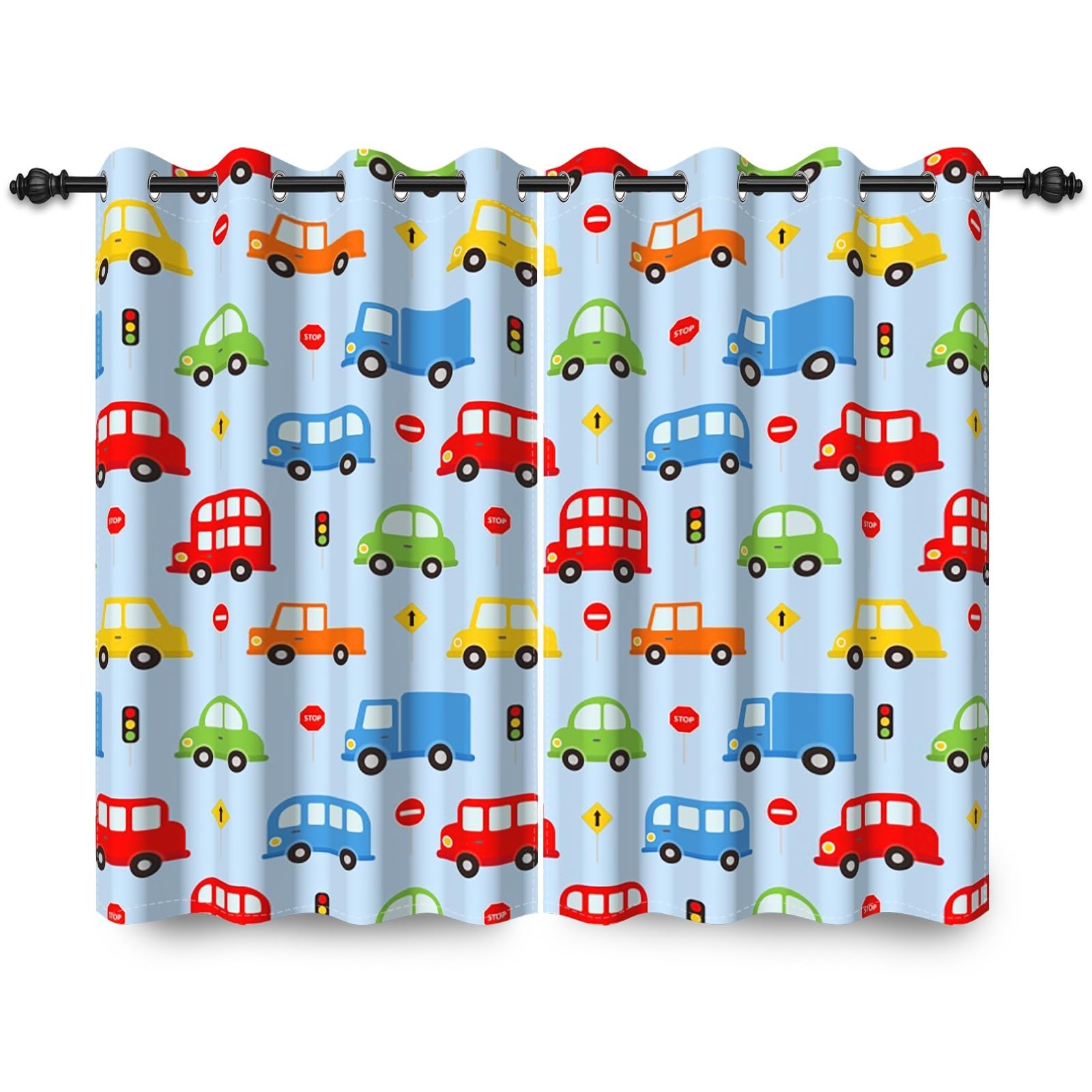 ggaimwf 42"x 63" Cartoon Car Blackout Curtain for Kids Bedroom Colorful Vehicle Truck Bus Traffic Sign Eyelet Thermal Grommet Room Divider Window Drapes for Baby Boys Playroom 2 Panels — image 1