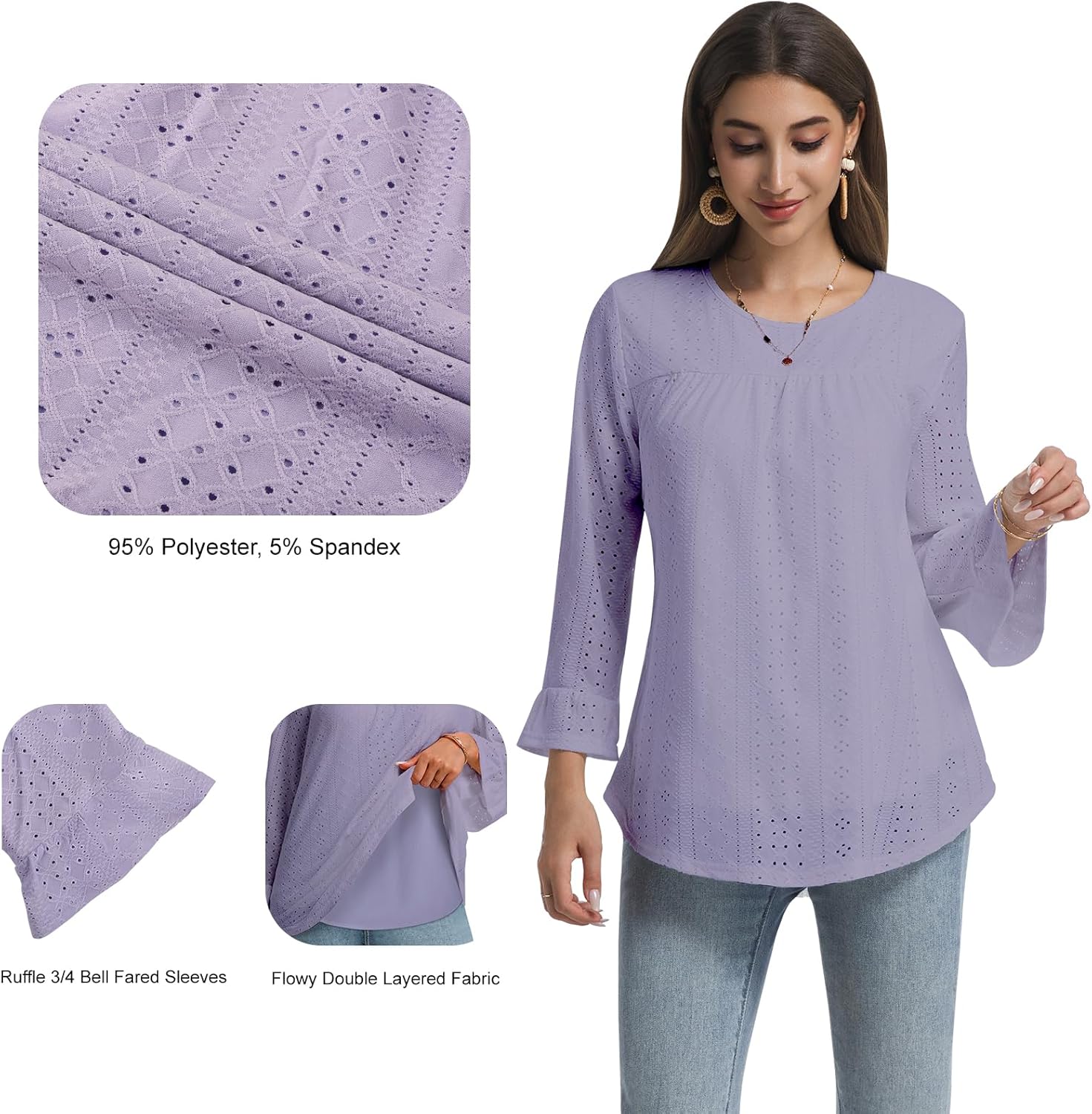 Women Boho Double Layered Crewneck Tunic Eyelet Tops Loose Fit Dressy Cute 3/4 Sleeve Casual Blouses Shirts 2026 - Image 4