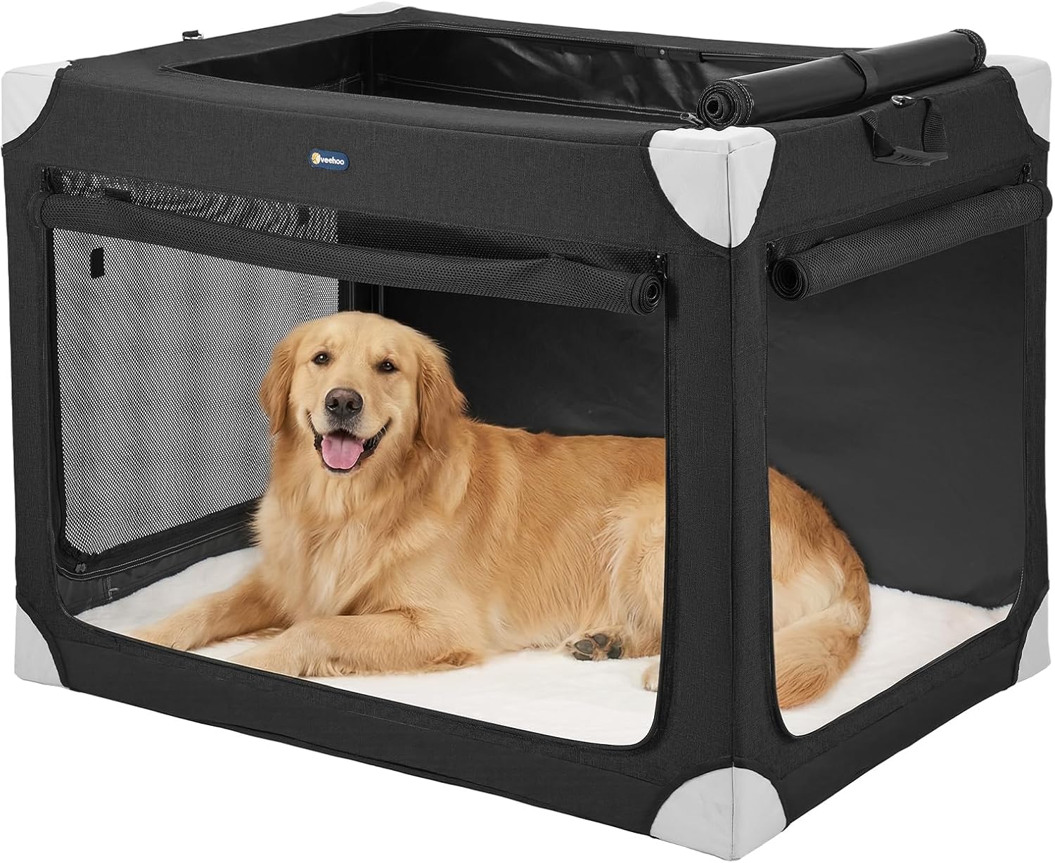Veehoo Collapsible Large Dog Crate, Portable Travel Soft Dog Crates for Medium Dogs up to 70 lbs, 36 Inch Foldable Pet Kennel with 4-Door Mesh Windows for Indoor Outdoor, Black